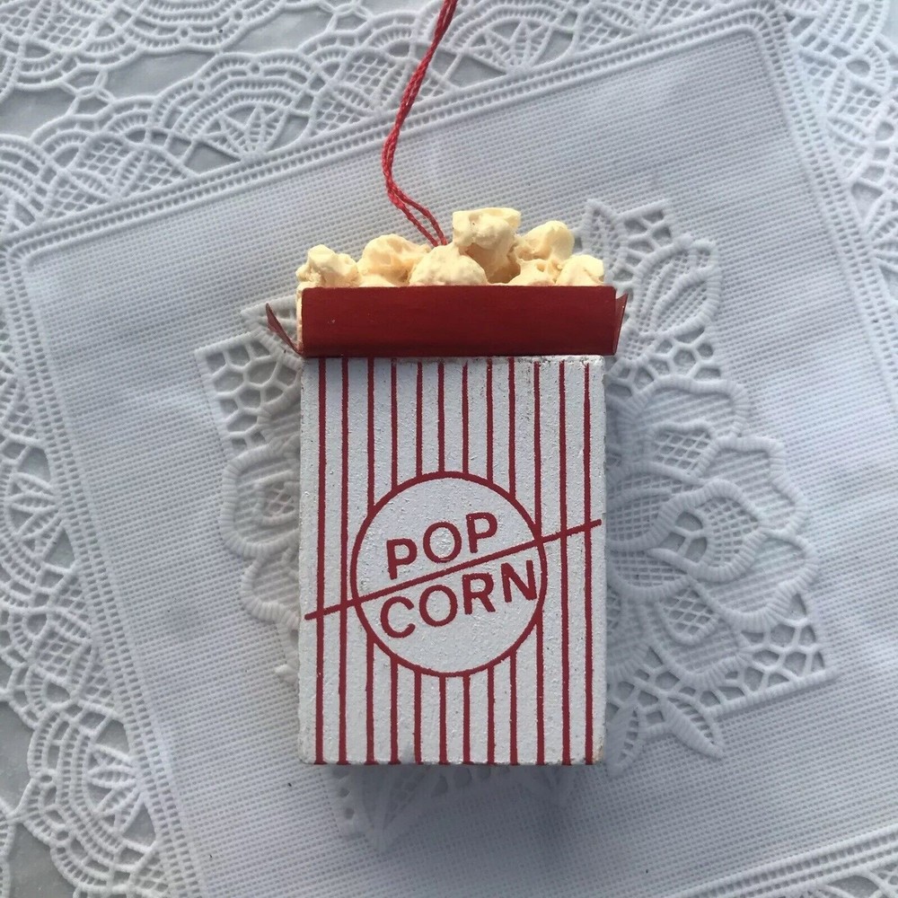 Vintage Wood Popcorn Bucket Box Ornament Red White Striped
